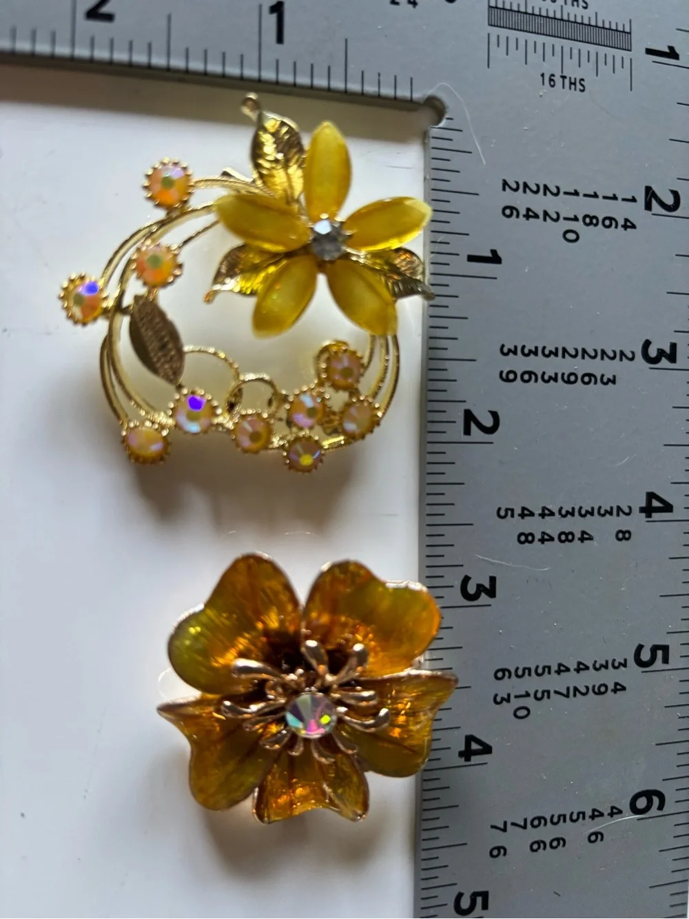 2 Gold Tone Floral Brooch Lot Amber Enamel AB Rhinestone Flower Pins